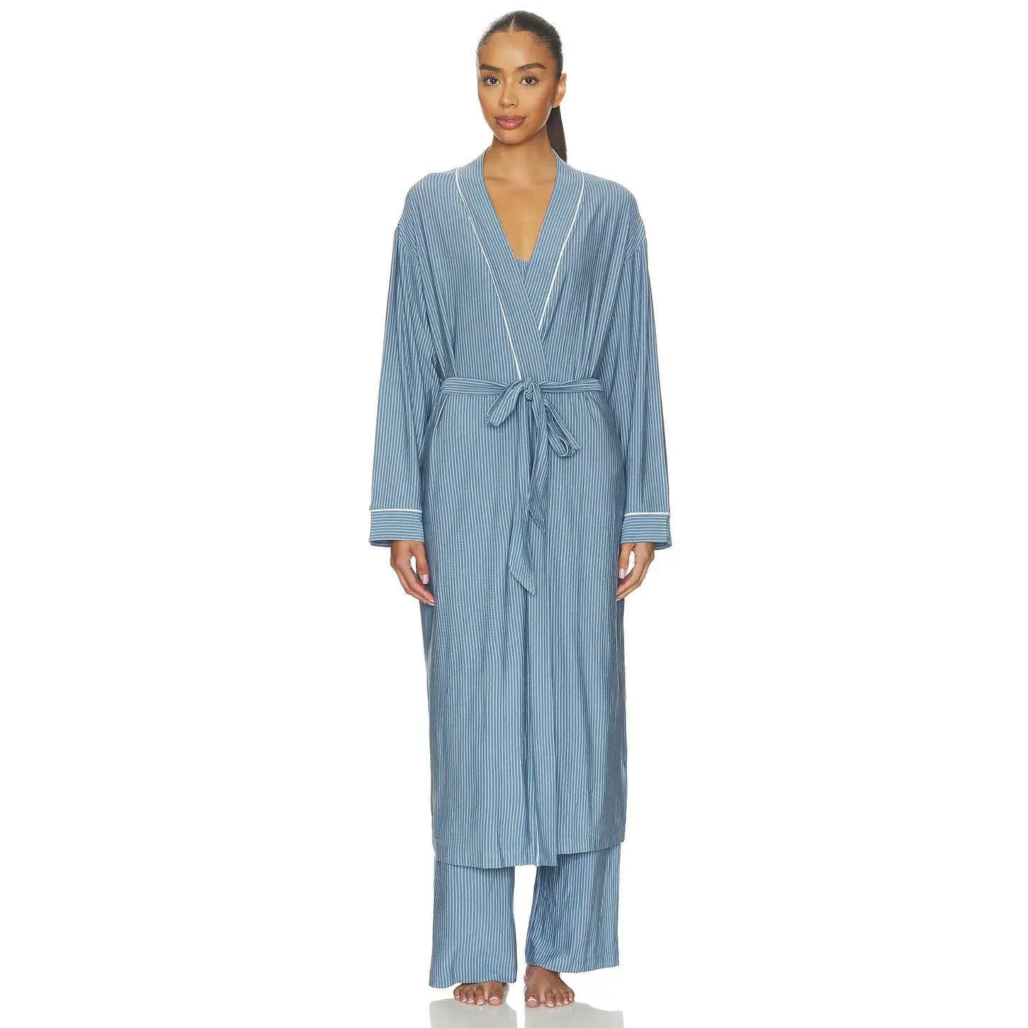 eberjey Gisele Printed Long Robe in Duo Stripe Slate Blue & Ivory