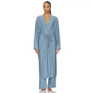 eberjey Gisele Printed Long Robe in Duo Stripe Slate Blue & Ivory