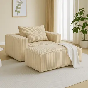 Boneless Modern Corduroy Sofa with Ottoman - Comfy, Oversized, Wide, High-Density Foam, Ribbed Texture, Deep Seating, Modern Compression (Vacuum-Packed) for Easy Shipping, No-Assembly Ergonomic Upholstered Accent Piece for Living Room, Boneless Modern Sof