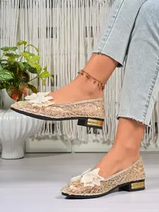 Champagne Gold/silver Color Sequins Single Shoe, Lace Bow Knot Square Toe Low Heel Commuter Women's Shoes, Casual PU Above Ankle