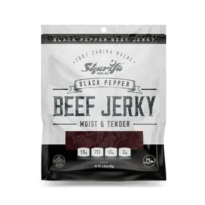 Sharifa Halal Beef Jerky, Black Pepper, (1) 2.85 oz. Bag – Great Everyday Halal Jerky Beef Meat Snack, 100% Real Zabiha Halal Beef, 13g of Protein, 70 Calories, 0g Trans Fat, & 2g of Carbohydrates