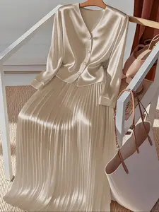 Elegant Women's V Neck Long Sleeve Fitted Woven Top and Ruffled Pleated Skirt Set, Spring & Fall Fashion, Two-Piece for Ladies