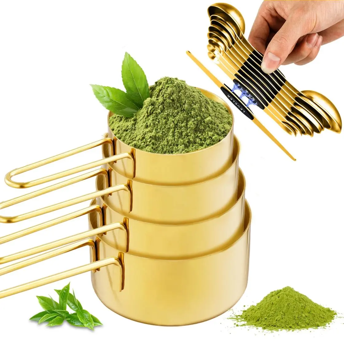 13-Piece Gold Handle Metal Measuring Cups and Spoons Set - Magnetic Stackable Stainless Steel Kitchen Measuring Utensils with Food Scale for Baking, Cake-Making