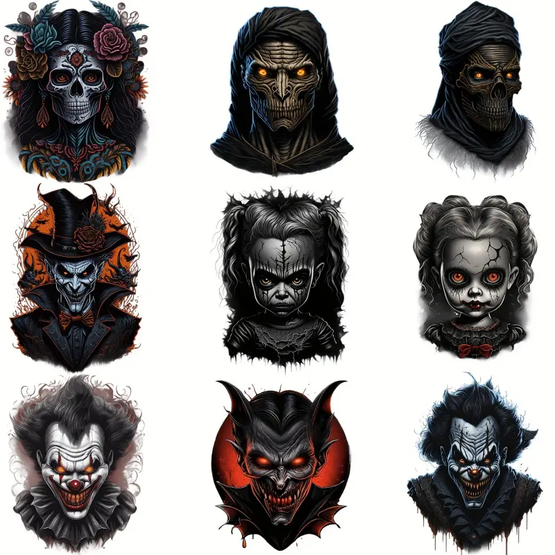 9 Gothic Theme Iron-on Transfer Stickers, Design Decals, Heat Press Decals, Vinyl Heat Transfer Patches for DIY Clothing, T-shirts, Denim Jackets, Masks, Jeans, Backpacks, Heat Transfer Film, Crafts