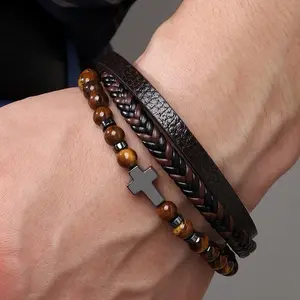 Hematite Catholic Christ Cross Charm Tiger Eye Onyx Beads Leather Men Fashion Bracelet, 8In Wrap Bracelet for Men, Healing Strength Bracelet, Gift