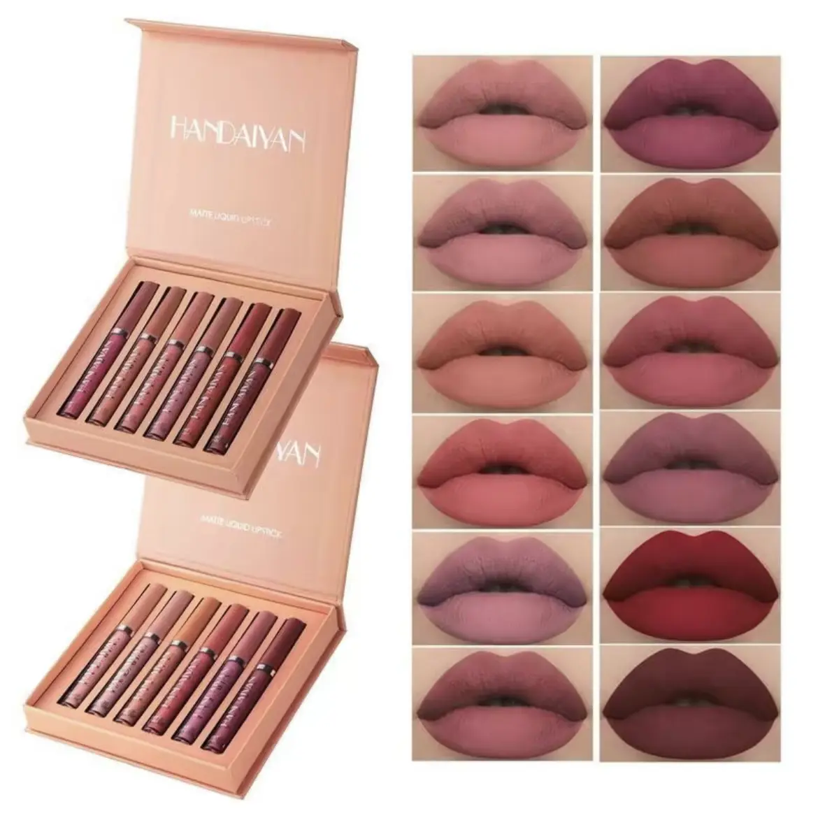HANDAIYAN Matte Liquid Lipstick Set - 6 Color Long Lasting High Pigmented Nude Lip Stain Makeup Kit Waterproof Non-Stick Cup Transfer Gift for Women Coffee Gloss Hydrating Lipgloss All Skin Types - Cosmetic Glossy Gift