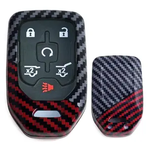 iJDMTOY Glossy Black/Red Mix Color Carbon Fiber Finish Hard Plastic Key Fob Case For GMC Acadia Terrain Sierra Yukon, Chevy Silverado
