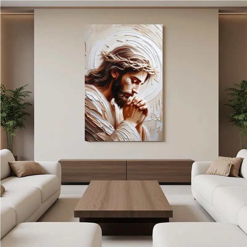 Jesus Praying Canvas Wall Art - Decorative Stylish Religious Decor with Crown of Thorns, for Living Room, Prayer Room Decor, Wall Mount Home Ornament