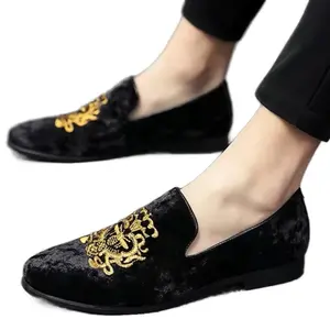 JB Men's Luxury Velvet Penny Loafers Shoes Embroidery Suede Dress Loafers Flat Slipon Black Dress Shoes for Party Wedding Prom Size 7-13 Footwear