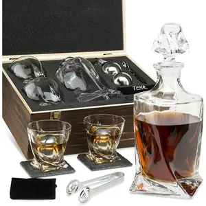 Decanter  Set for Men - Twisted  Decanter, 2 Glasses, 2 XL Stainless Steel  Stones - Balls, 2 Slate Coasters, Special Tongs & Freezer Pouch in Pinewood  Box