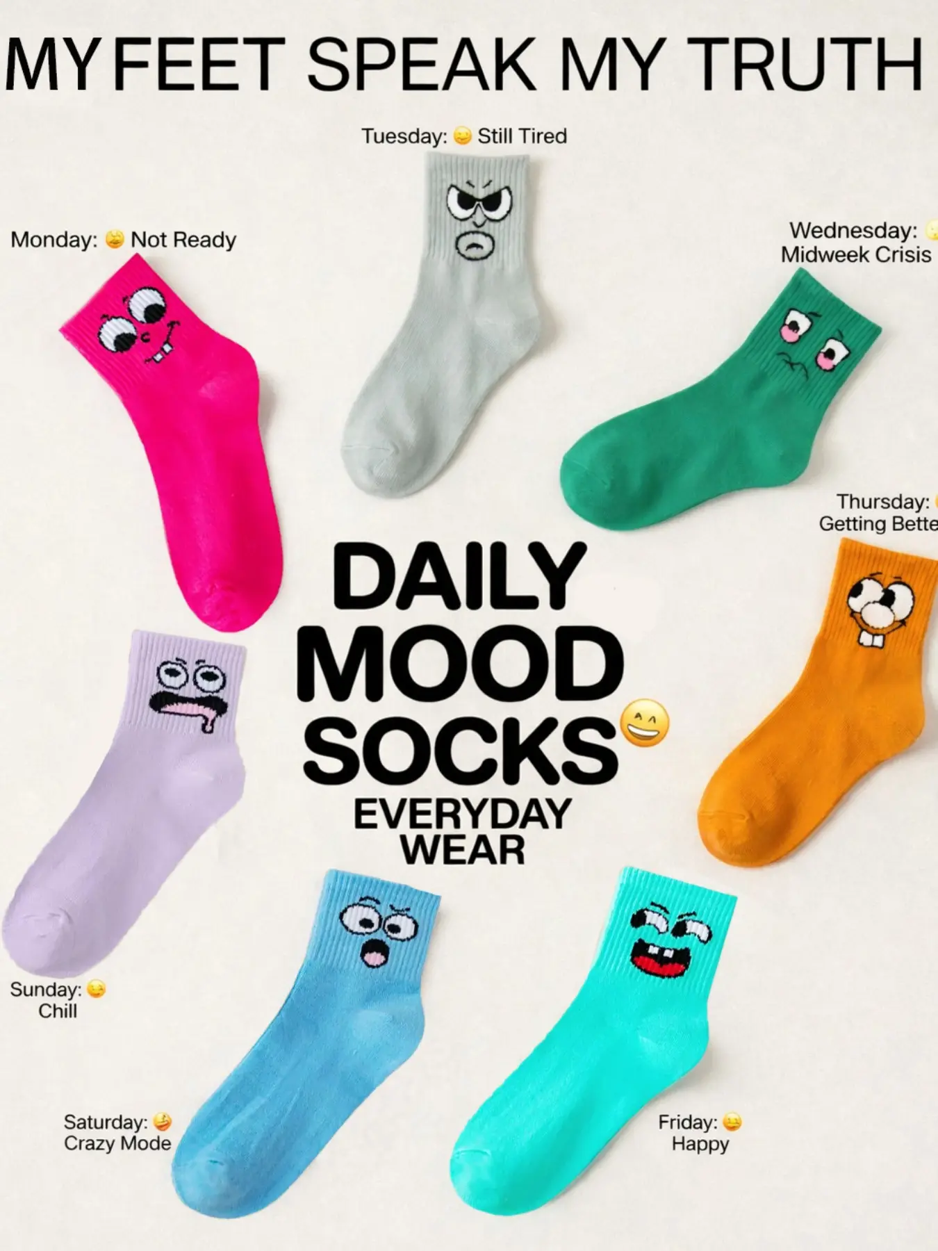 7 Pairs Weekly Mood Socks Set, Funny Aesthetic Print Crew Socks, Casual Socks for Daily Outfit, Funny Gift Ideas for Besties, TikTok Made Me Buy It, Daily Expression Socks, Mood Socks Set, Sock Sets