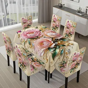 5/7-piece 2D Flat Printing Happy Spring Pink and Gold Flower Diamonds Printing Pattern Tablecloth and Chair Cover Set, for dining table and chair decoration, perfect for home, holiday gatherings, restaurants, and parties.