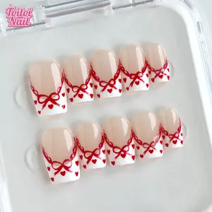 Red Bow Handmade Press-On Nails | Medium Square Shape, 10pcs | Cute Girly Red Bow & Heart Design | Nude Base & White French Tip & Red Ribbon Accents | Reusable DIY Nail Kit for Women | Trendy Nails for Spring, Summer, Dates & Valentine's Day | Sweet Girly