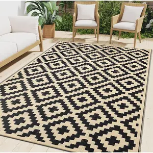Smiry Waterproof Outdoor Rug 6x9 ft, Reversible Plastic Straw Patio Camping Rugs, Outdoor Indoor RV Mat Carpet for Patio, Outside Entry, Backyard, Deck, Bench, Picnic, Camper, Black  Beige