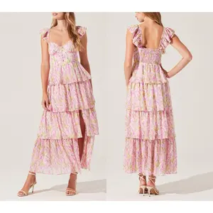 Women's Floral Dress Stylish Multi-Layered Ruffles Split Cap Sleeve Long A-Line Dress for Spring& Summer