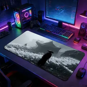 Ink Wash Wuxia Swordsman Extended Gaming Mouse Pad, Extended Mousepad, Non-Slip Rubber Base Stitched Lock Edge Desk Mat, Chinese Ancient Temple Design, Durable Computer Accessory for Home Office & Gaming Setup, Perfect Gift for Gamer & Wuxia Fans