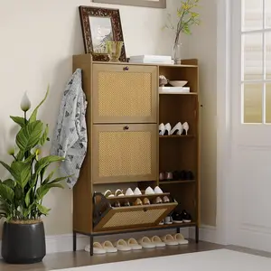 Modern Rattan Shoe Cabinet - 3 Turn Over Drawers, 4 Open Shelves, Slim Freestanding Entryway Shoe Organizer, Space-Saving Wood Shoe Rack with Metal Legs, Easy Assembly, Black/Brown air sofa pay less home goods