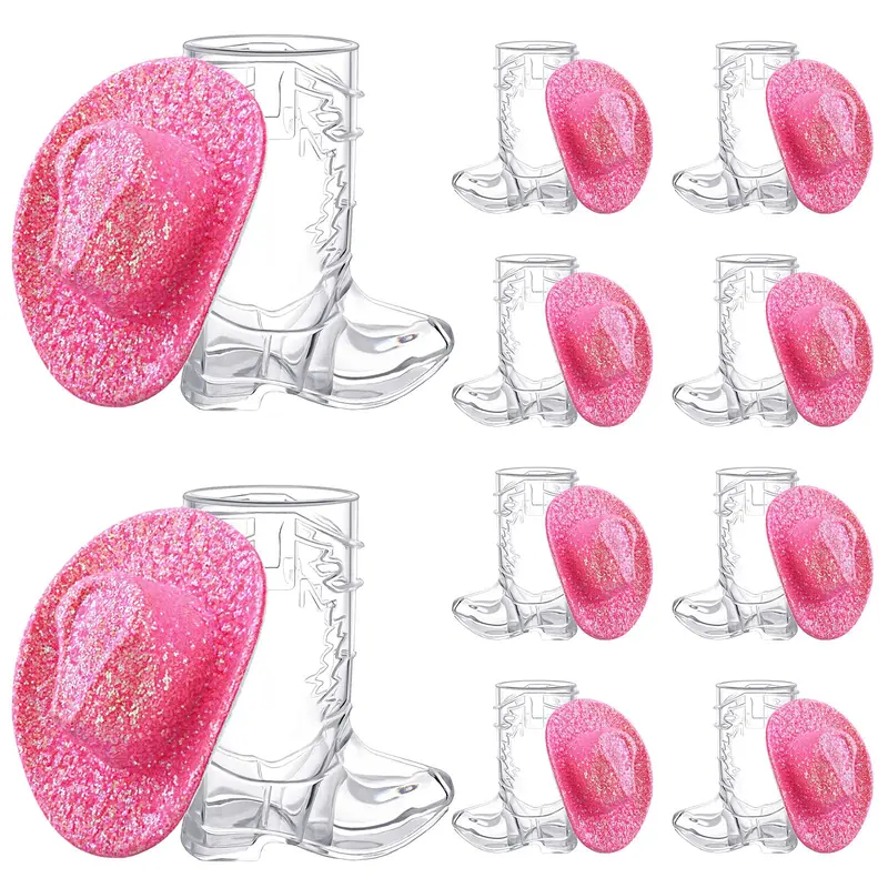 20/40 Pcs Mini Cowboy Boot Shaped Shot Glasses Reusable Cowgirl Hat Boot Cups Neon Drinkware Set Tiny Glitter Shots for Disco Cowgirl Birthday Bachelorette Party Graduation Season Rodeo Night Pink Hen’s Favors Mexican Party Centerpieces