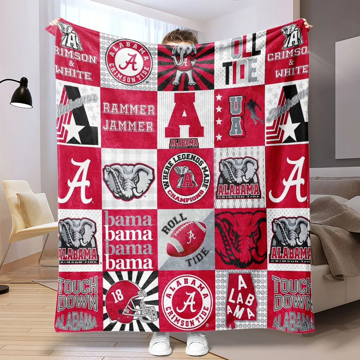 Alabama Crimson Tide Patchwork Flannel Throw Blanket, Digital Print, Lightweight, All-Season Comfort, Team Support Gift, Room Decoration, Decorative Blanket, Flannel Printed Blanket