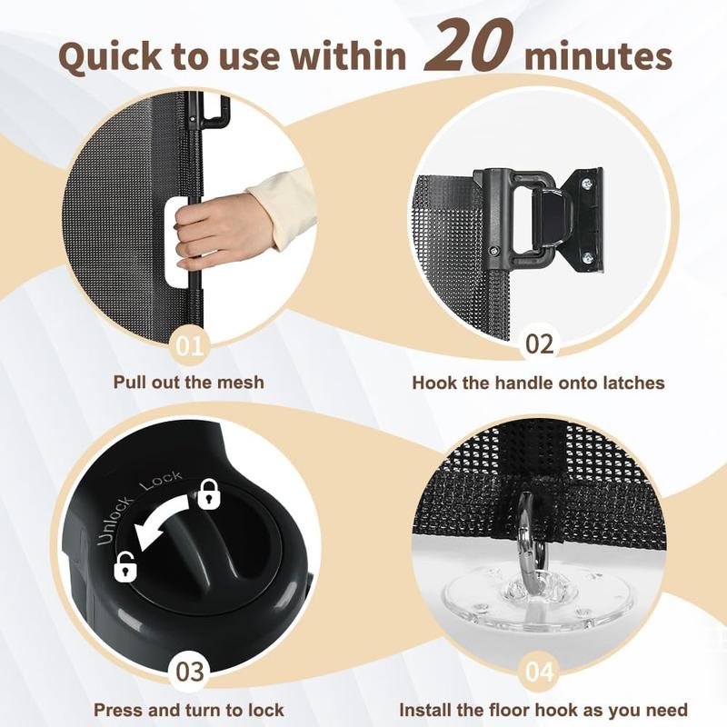 SMONTER 47” Extra Tall Retractable Baby Gate, (Newly upgraded hook design) Reinforced Mesh Dog Gate Extends to 59" Wide, Baby Gate for Stairs, Doorways, Hallways, Indoor and Outdoor, Black