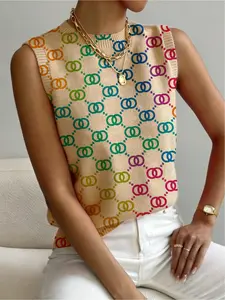 Women's Geometric Patchwork Print Stand Collar Sweater, Casual Sleeveless Knit Top for Fall Winter, Comfortable All-Season Wear