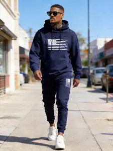 Men's American Flag Hoodie Set, 2026 Spring New Arrival, Lightweight Dark Blue Long Sleeve Hoodie, America 250 Semiquincentennial Commemorative Tracksuit