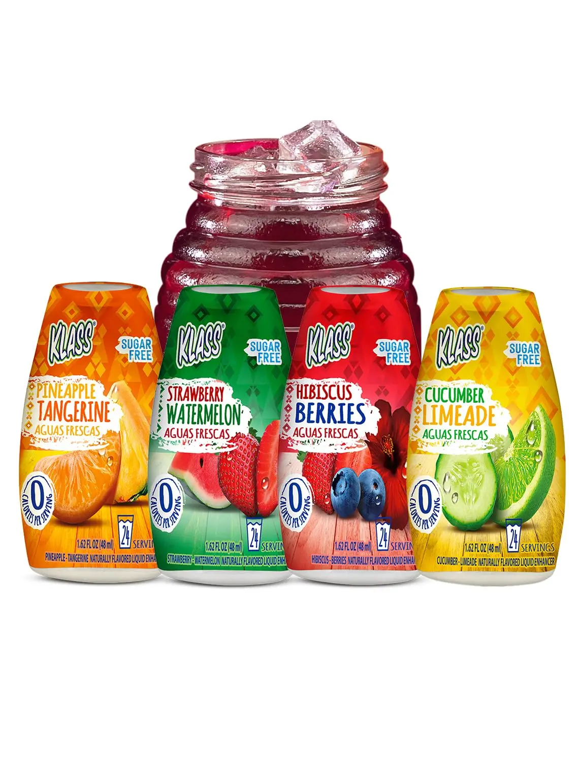 Klass Aguas Frescas Liquid Water Enhancer Variety Pack - 4 Bottles, Sugar-Free, Keto-Friendly, 0 Calories, Flavors: Cucumber Lime, Strawberry Watermelon, Hibiscus Berry, Pineapple Tangerine, Makes 96 Drinks