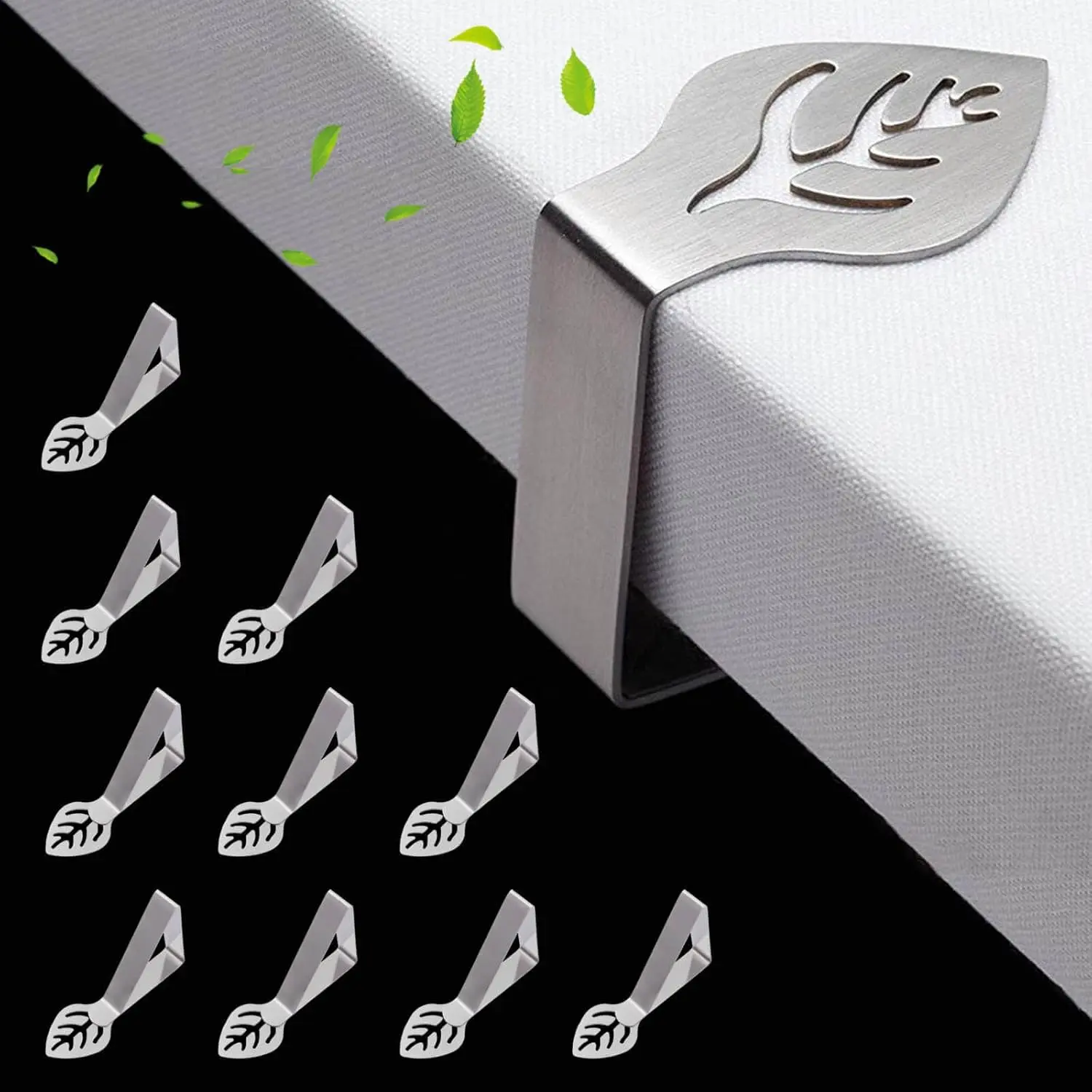 16pcs Silver Heavy-Duty Stainless Steel Leaf-Shape Tablecloth Holder Clips, Easy-to-Use, Adjustable for Max 1.58" Thick Cloths - Home Improvement Building Supplies Accessories (Outdoor Gatherings, Camping)