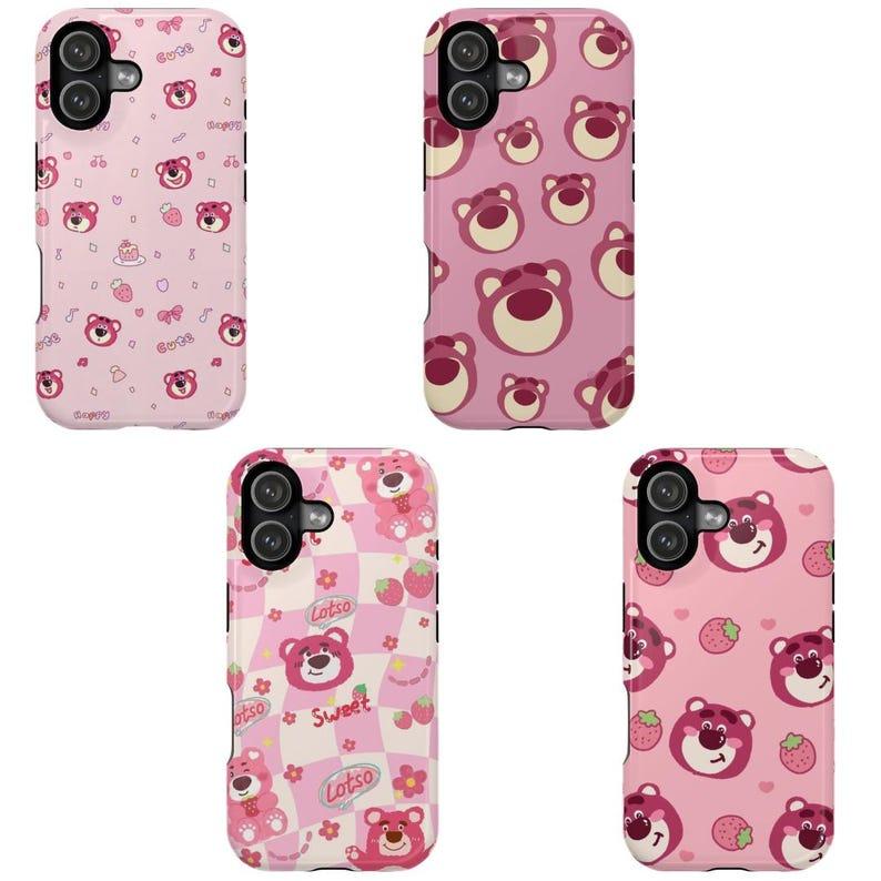 Cute Pink Bear Strawberry Phone Case Kawaii Aesthetic Glossy Protective Cover for iPhone Shockproof Slim Girl Style with Precise Cutouts and Raised Camera Edge Soft Pink Aesthetic Girly Accessories