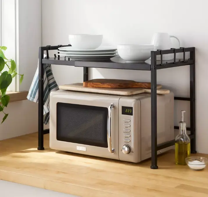 Adjustable Microwave Stand, Expandable Kitchen Counter Shelf Organizer with Hooks for Microwave, Coffee Station & Small Appliances