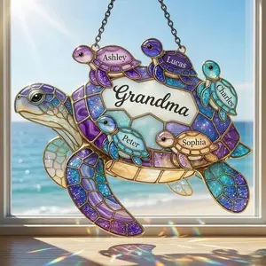Personalized Sea Turtle Family Suncatcher, Custom Grandma Turtle Acrylic Window Art, Faux Stained Glass Ocean Decor, Mother's Day Gift