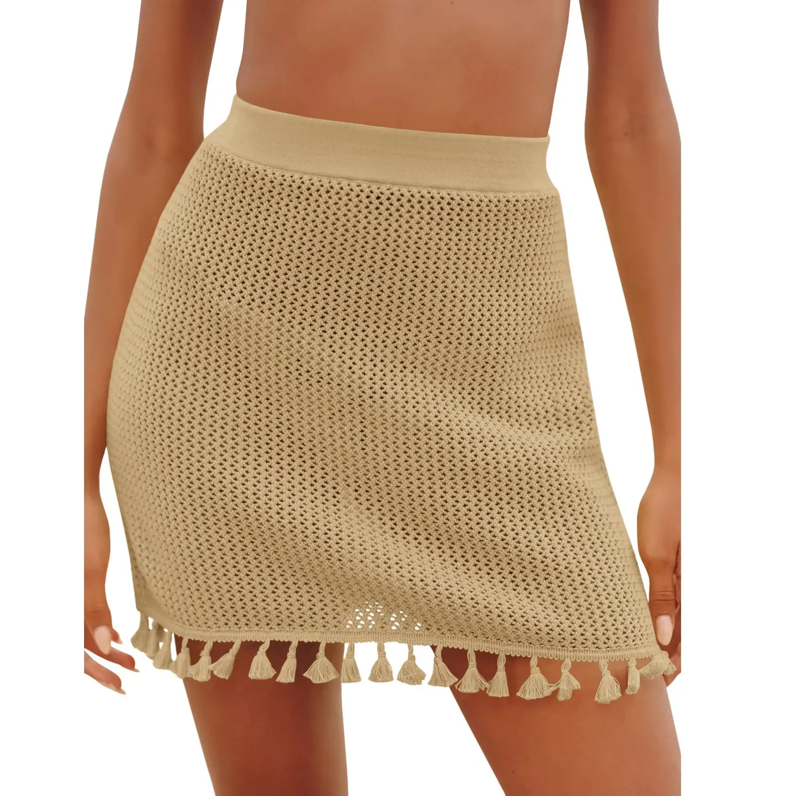 FISOEW Women's Crochet Knit High-Waisted Elastic Mini Skirt with Tassel Trim, Lady's Beach Cover-Up Bottom That Fits Camisole Pairings for Summer Vibes, Piece, Light, Knitted Fabric, Short, Hollow Out, Bohemian Style, Bikini