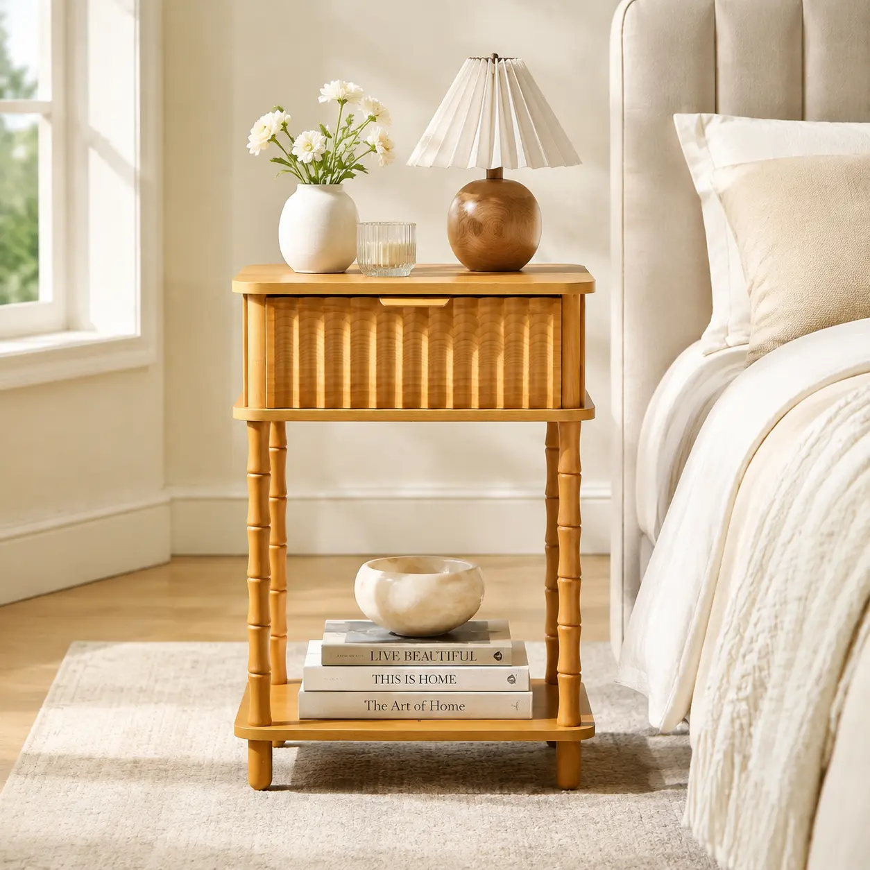 Modern French Light Oak   Wood  Nightstand, Elegant Side End Table with Fluted Drawer & Open Storage Shelf, Decorative Spindle Leg Accent Table for Bedroom Living Room  Bedside Desk