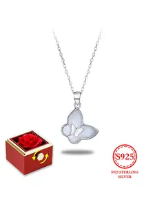 925 Sterling Silver Butterfly Design Pendant Necklace with Rose Flower Gift Box, Fashion Jewelry for Party, Daily Decor, Trendy All-match & Exquisite Jewelry for Birthday Gift