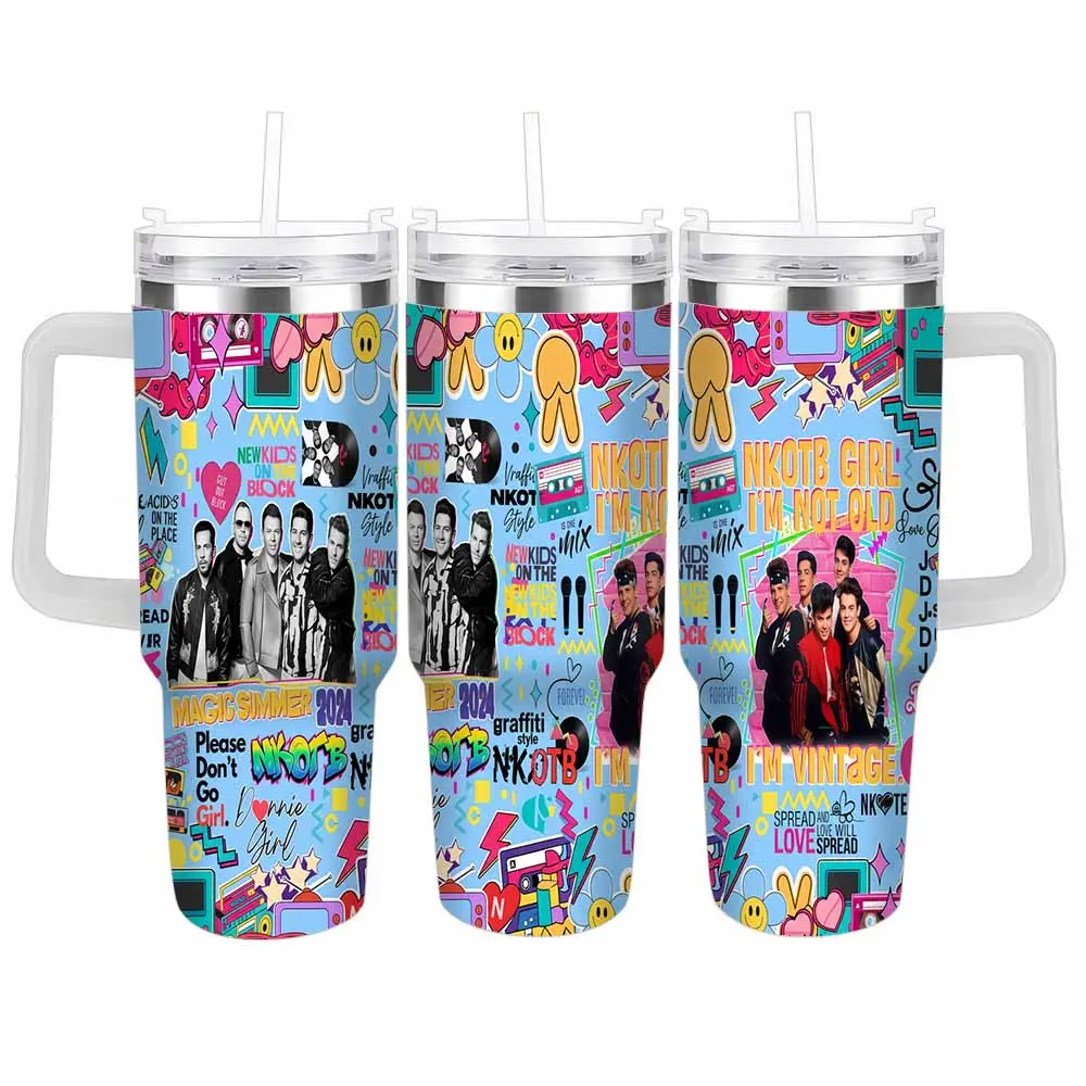 New Kids On The Block Music Band Insulated Stainless Steel Flask - 40oz/30oz Retro 90s Pop Graffiti Plastic-Lid Beverage Bottle, Leakproof, Durable Handle, Straw-Equipped, Insulation-Enhanced Travel Mug for Concerts, Daily Office Hydration