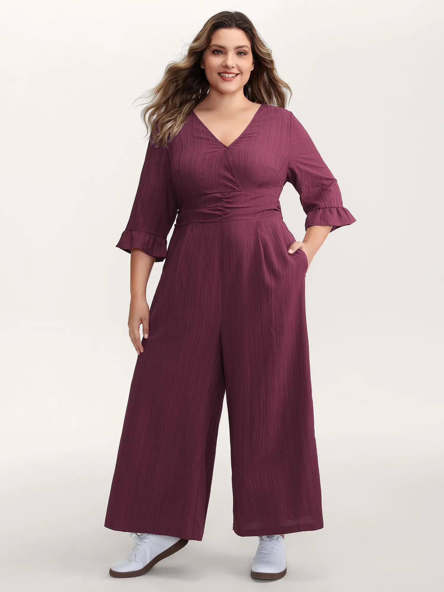 BloomChic Women's Plus Size Plum Jumpsuit - Regular Fit Leisure Polyester Fabric Overalls with Overlap Collar, Shirred Waist, Sleeve, Pocket for Summer, Jumpsuits For Women, Clothes, Ruffle, Smooth, Garment, Lady, Low Iron, Basic, Plus Size Overalls, Maxi
