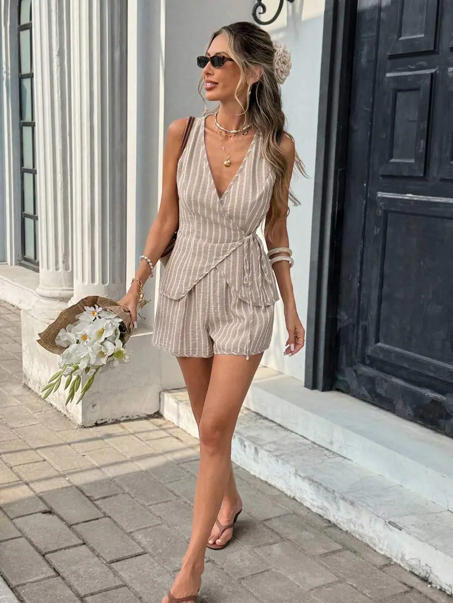 Women's Summer Brown Striped Boho 2 Pieces Set,V-Neck Wrap Tie Camisole & Shorts,French Style Holiday Vacation Sleeveless Elegant Outfit