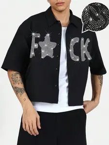 American Street Style Rhinestone Letter Short Loose Shirt, Unique Sparkle Design, Casual Summer Top, Trendy Plaid Pattern