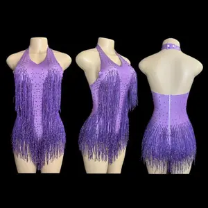 Women’s Sparkly Rhinestone Fringe Bodysuit – Vightclub Party Dance Costume, Stage Wear, Sexy Tassel Leotard, Performance Clothing, 7G Women’s Tops, Rose Style, Spandex “Sky Girl” Fabric, Lightweight for Summer