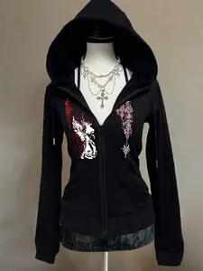 Women's Casual Street Style Zip Front Hoodie, Flame Letter Print, Slim Fit, Long Sleeve, Zipper Design, Fall Winter, Hip Hop, Dance, Y2K Fashion, Hoodie Sweatshirts
