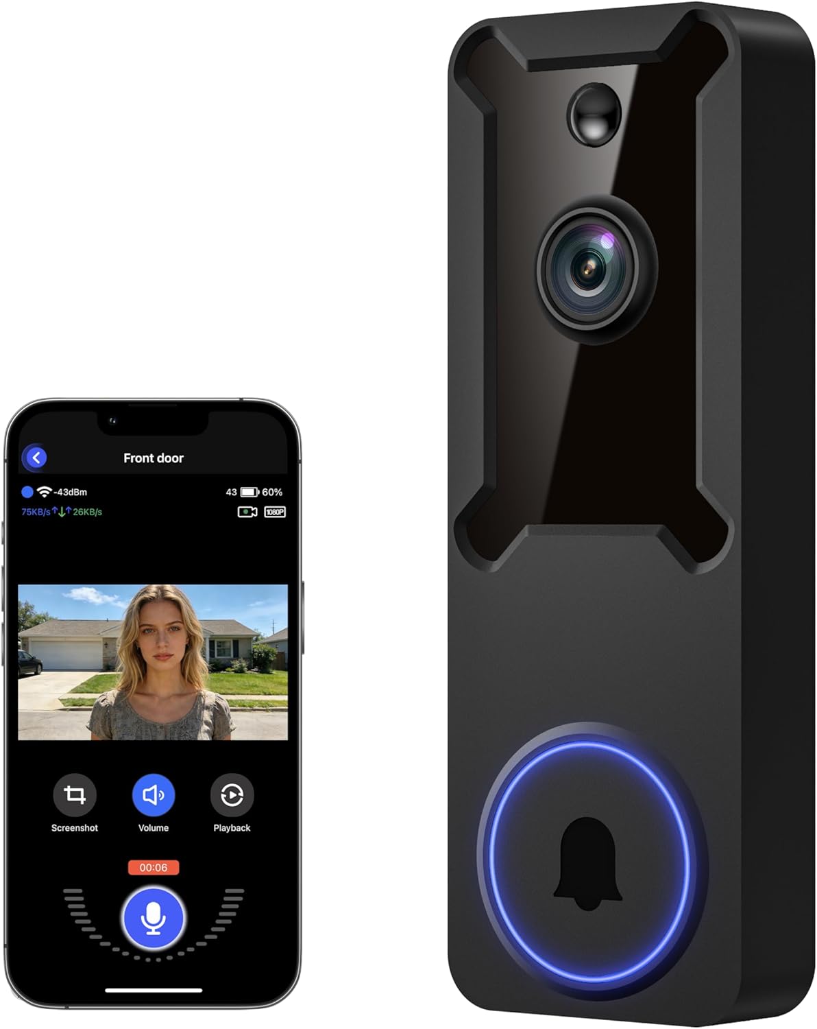 1080p Wireless Wi-Fi Video Doorbell Camera, Night Vision, Two-Way Audio, Smart AI Motion Detection, Live Viewing, Battery-Powered, Supports 2.4GHz Wi-Fi Only, Cloud Storage (Sold Separately)