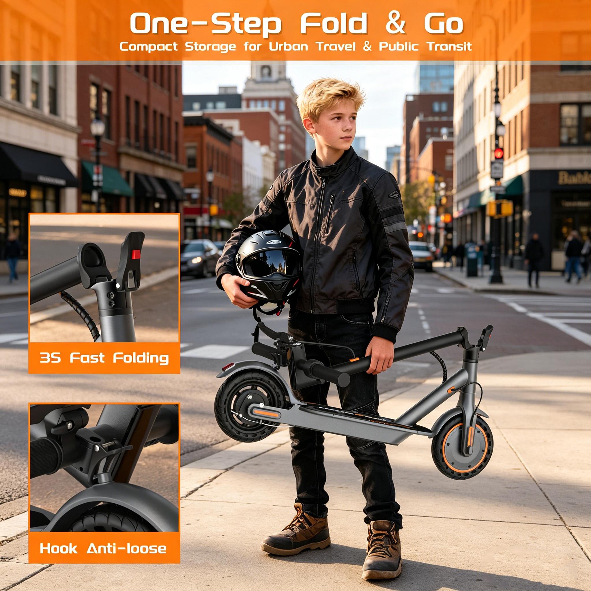 B 2026 Trending Orange Foldable E-Scooter | 350W Electric Scooter for Kids Teens Boys Girls | Dual Brakes 8.5" Solid Tires 15° Climb | Safe Outdoor Adventure Great Gift
