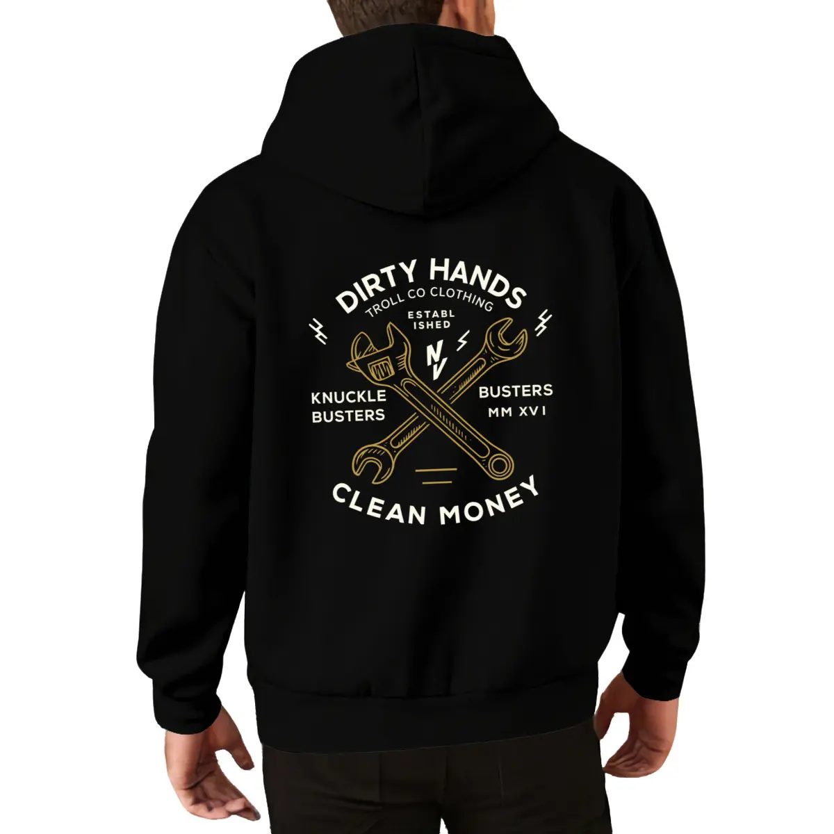Troll Co Clothing DIRTY HANDS T-Shirt with Crossed Wrenches Design Black Hoodie for Men Autumn/Winter Outfit Long Sleeve Medium Length Pullover Casual Classic Basic Fabric