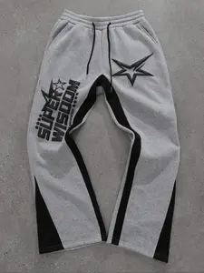 TikTok Trending! Grey Sweatpants with Black Stripes, "Super Wisdom" Print & Star Designs, Perfect for Streetwear Looks, Sports Casual Pants