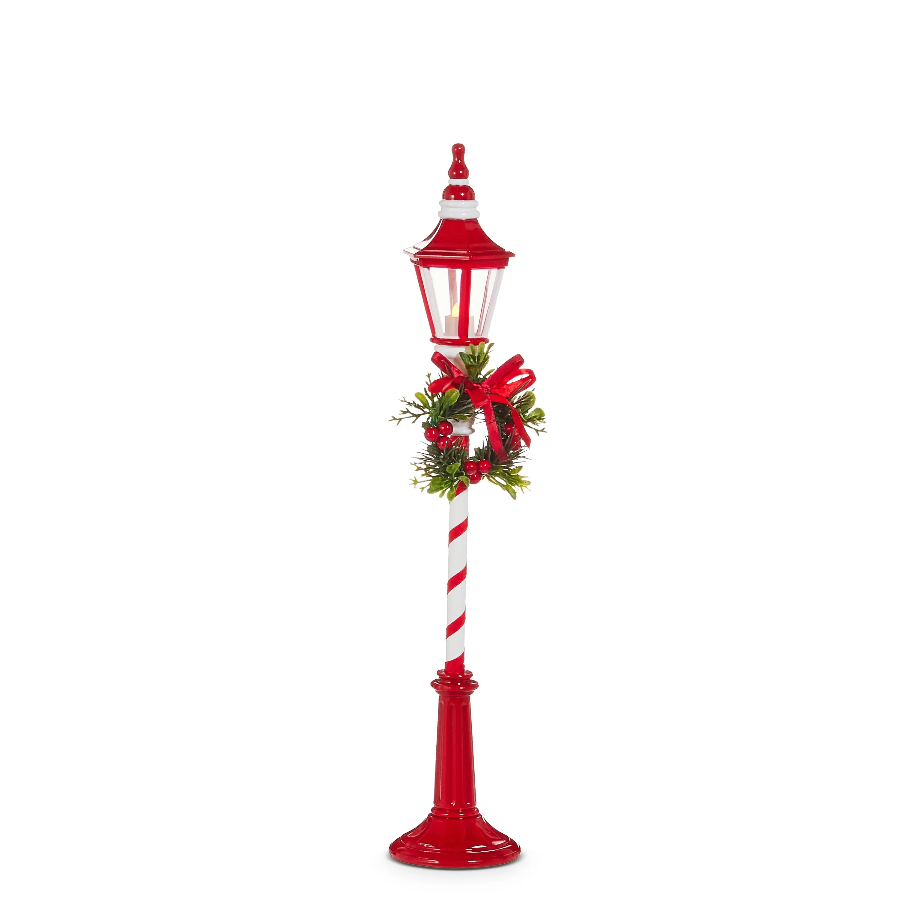 18" Lighted Red & White Lamp Post With Wreath Battery Operated