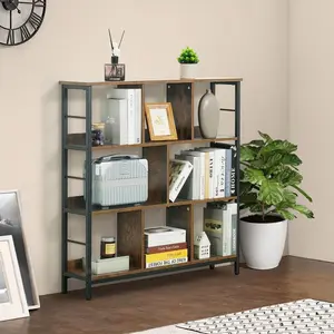 CAPHAUS 3 Tier 8 Cube Bookshelf, Office Shelf, Horizontal Bookcase, Industrial Open Display Shelf with Metal Frame, Wooden Board, for Home, Office, 40 Inch, Rustic Oak / White