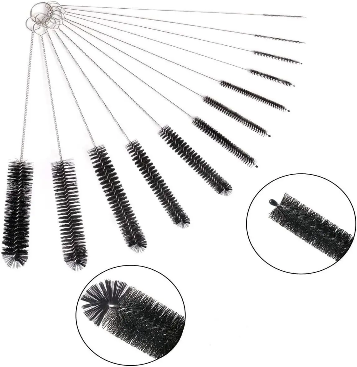 12-Pieces Bottle Cleaning Brush Set, Stainless Steel and Nylon Brushes for Narrow Neck Baby Bottles, Straws and Sippy Cups, Dishwasher Safe with Removable Key Ring, Moderate Hardness