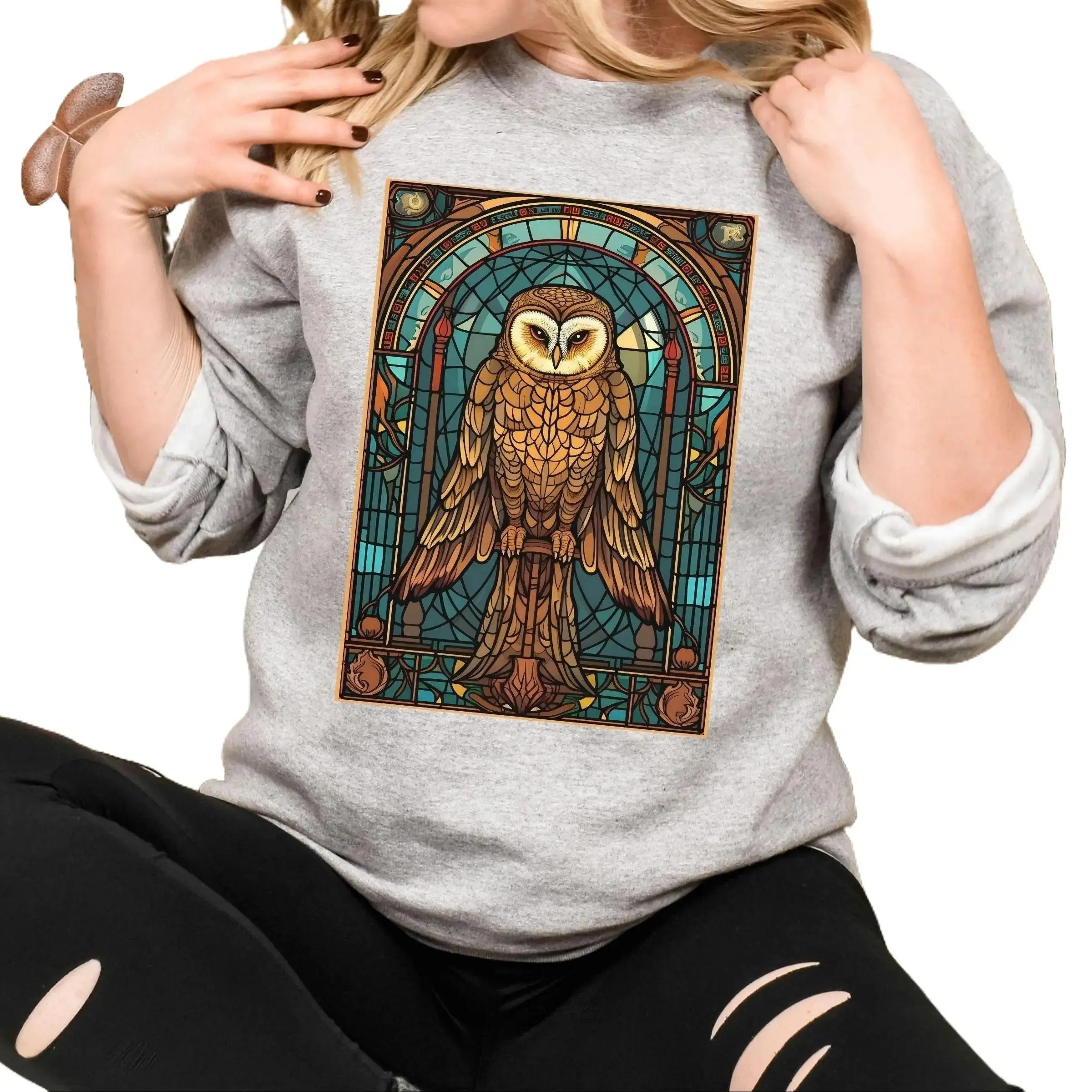 Stained Glass Owl Tarot Card Sweatshirt, Witchy Cottagecore, Goblincore, Tarot Card Lover, Halloween Fall Festival Goth Party Sweater