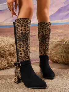 New Fashion Versatile Vintage Leopard Patchwork Mid-Calf Boots for Women, Chunky Heel Pointed Toe Slimming Elastic Boots, Fall Winter Casual Shoes