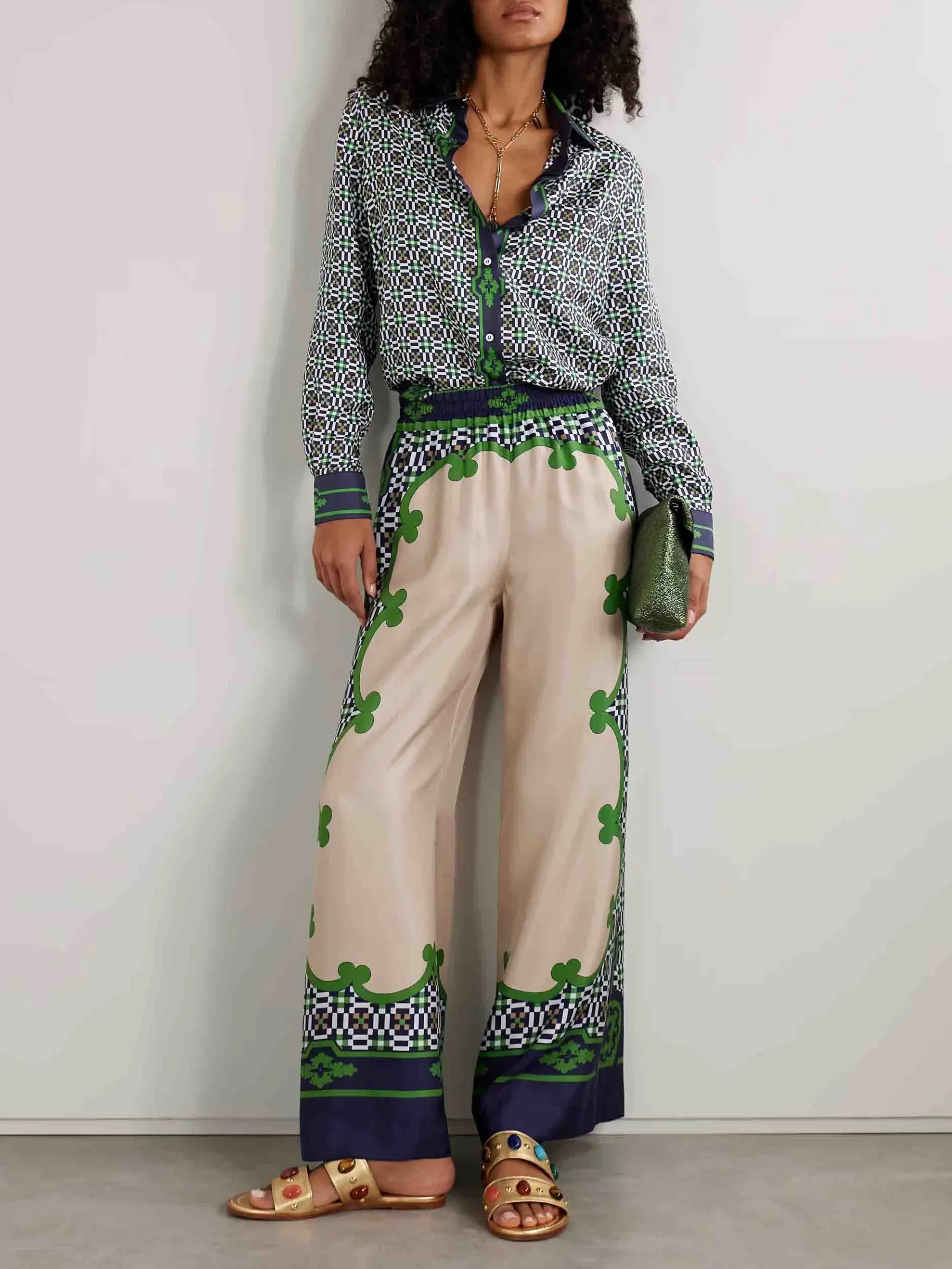 LikeMyChoice Unique Geometric Pattern Printed Satin Long-sleeved Shirt And Wide-leg Pants for Women's Fashion Elegant Matching